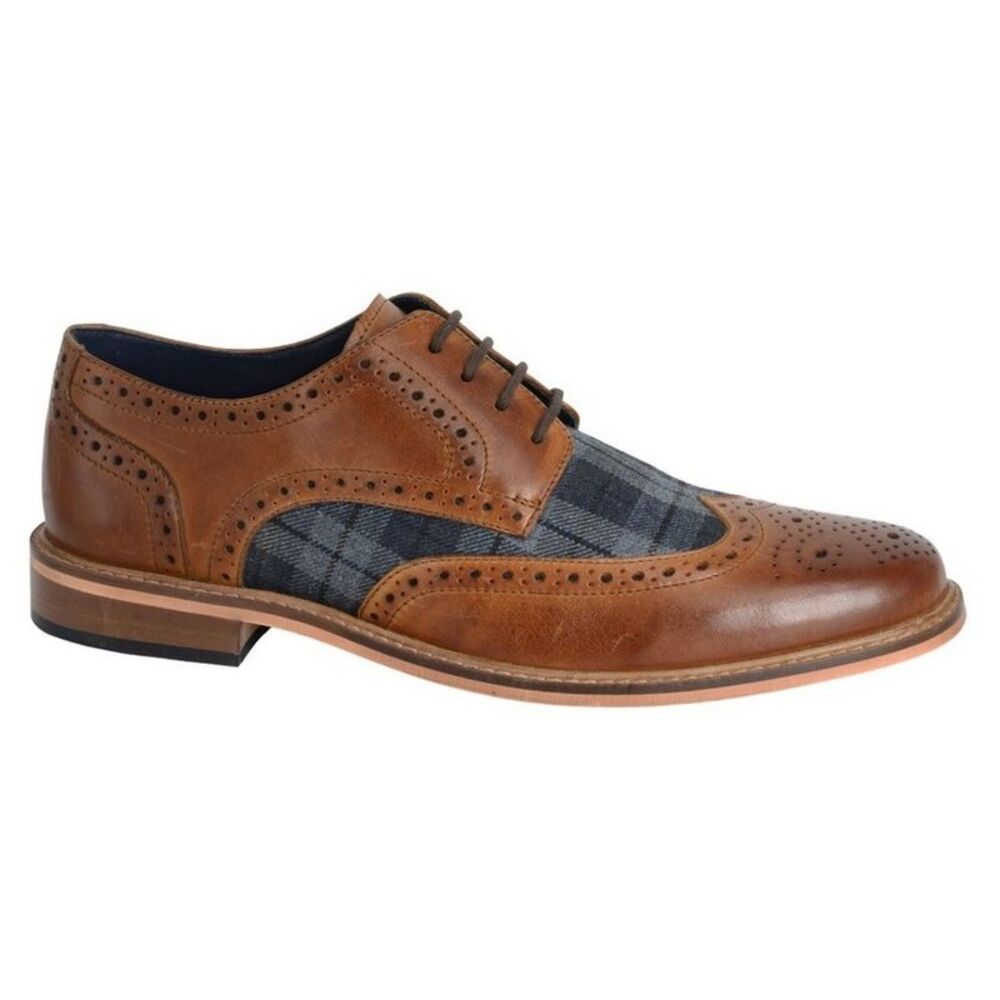 Roamers Mens Tartan Leather Brogue Detailing Gibson Shoes / Tan